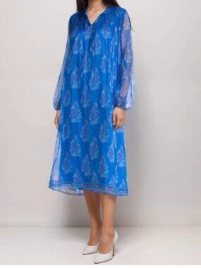 Johnny Was Jade Blue Blaire Floral 100% Silk Midi Dress L NWT